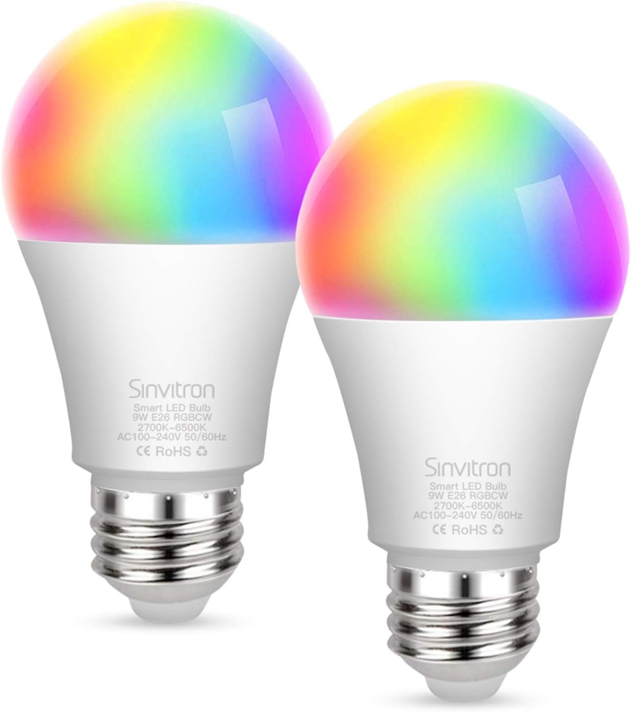 Sinvitron Led WiFi Smart Light Bulb E26 9W, Work with Amazon Alexa, Echo, Google Home and IFTTT, No Hub Required, 900lm, A19 85W Equivalent, RGBCW Multi-Color Changing - 2 Pack