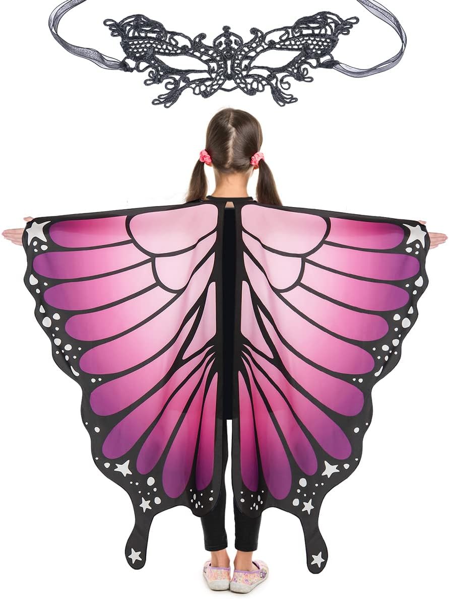 MAGIFIRE Butterfly Wings with Eye Masks for Girls, Halloween Costume, Fairy Shawl Cape, Ages 3-15 (One Size 43.3" x 53")