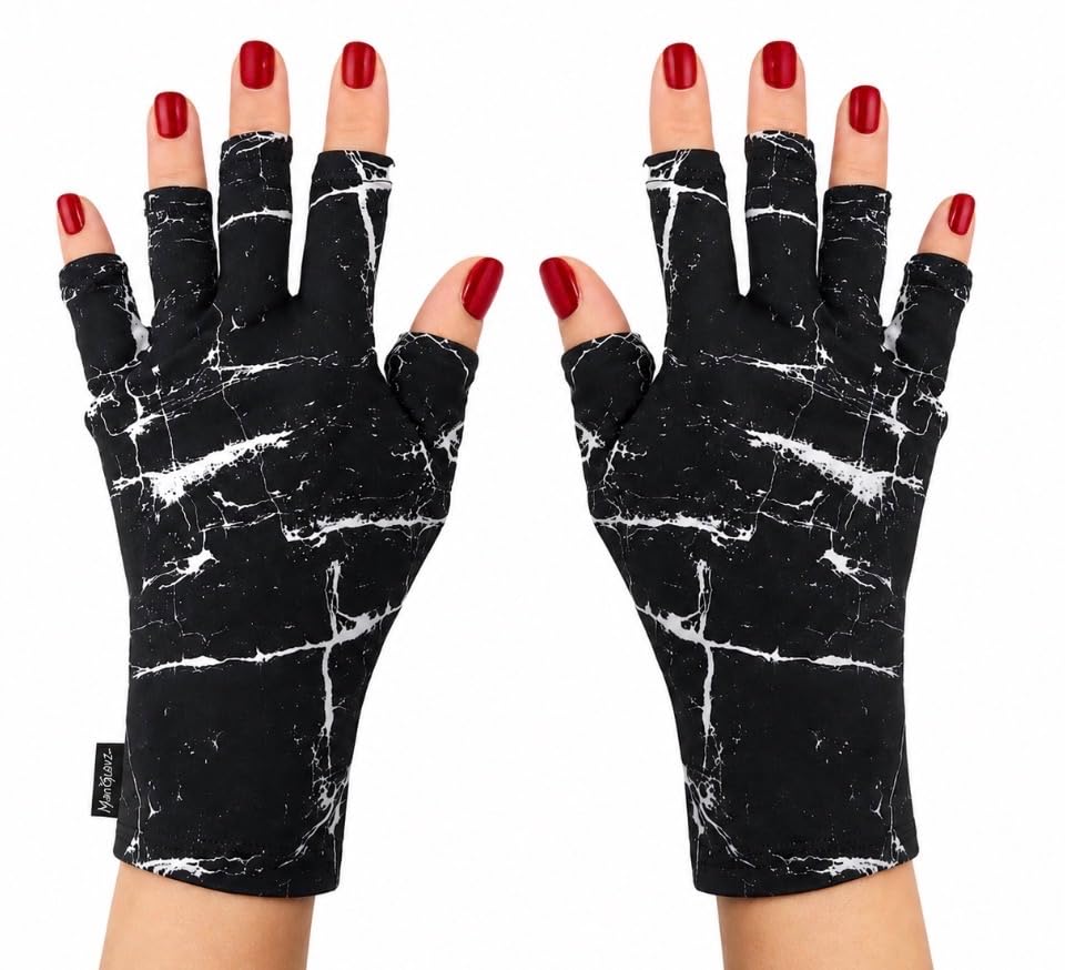 ManiGlovz -The Original Anti UV/LED UPF 50+Gloves for Gel Manicures, Driving, sun protection, Fingerless Gloves That Shield Skin from the Sun and Nail Lamp, Black Marble-image-19