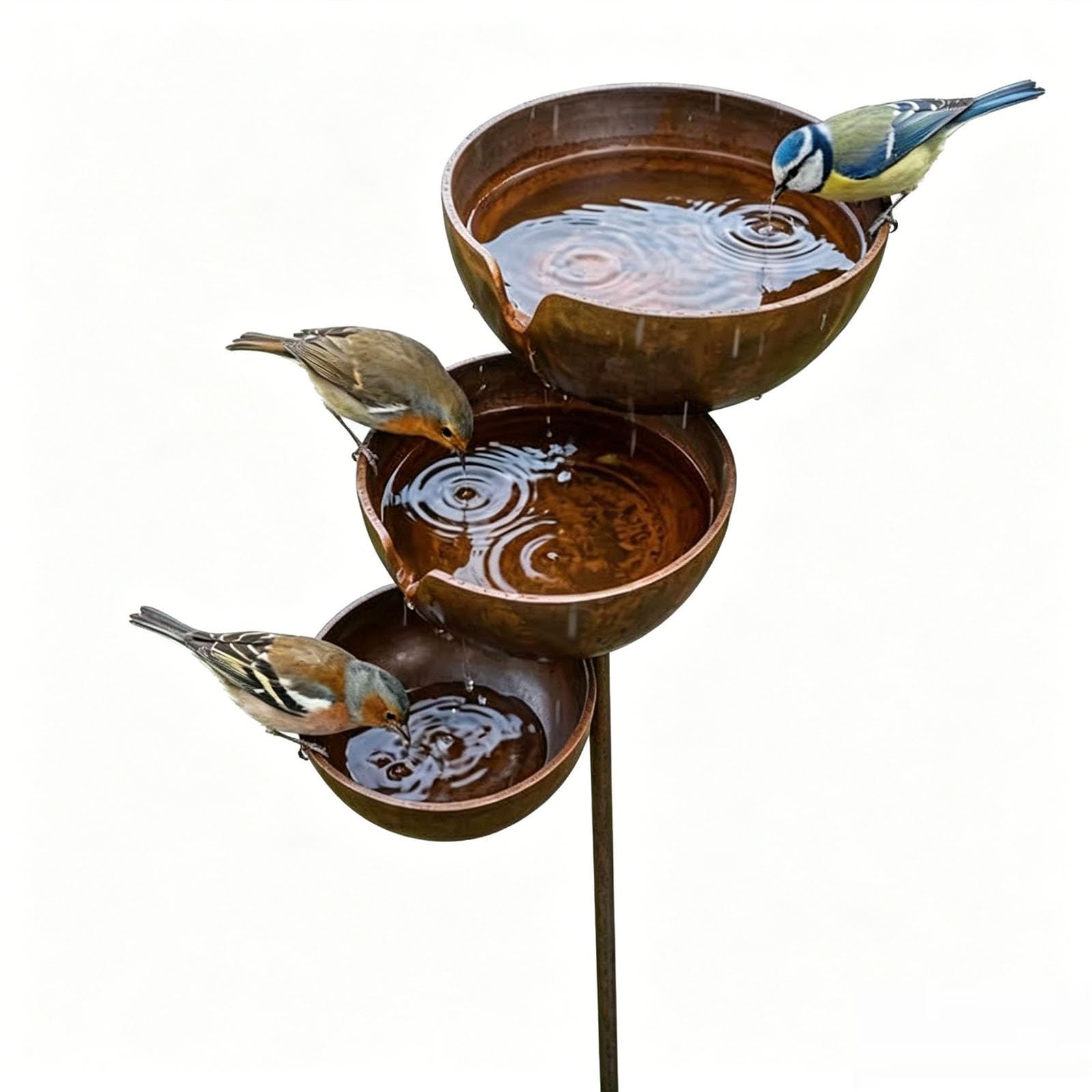 Bronze Rain Catcher Garden Stake, 3-Tier Cascading Metal Bird Bath & Bee Watering Station, Rustic Vintage Outdoor Decor for Lawn & Garden, Attract Hummingbirds, Birds, Bee & Butterfly