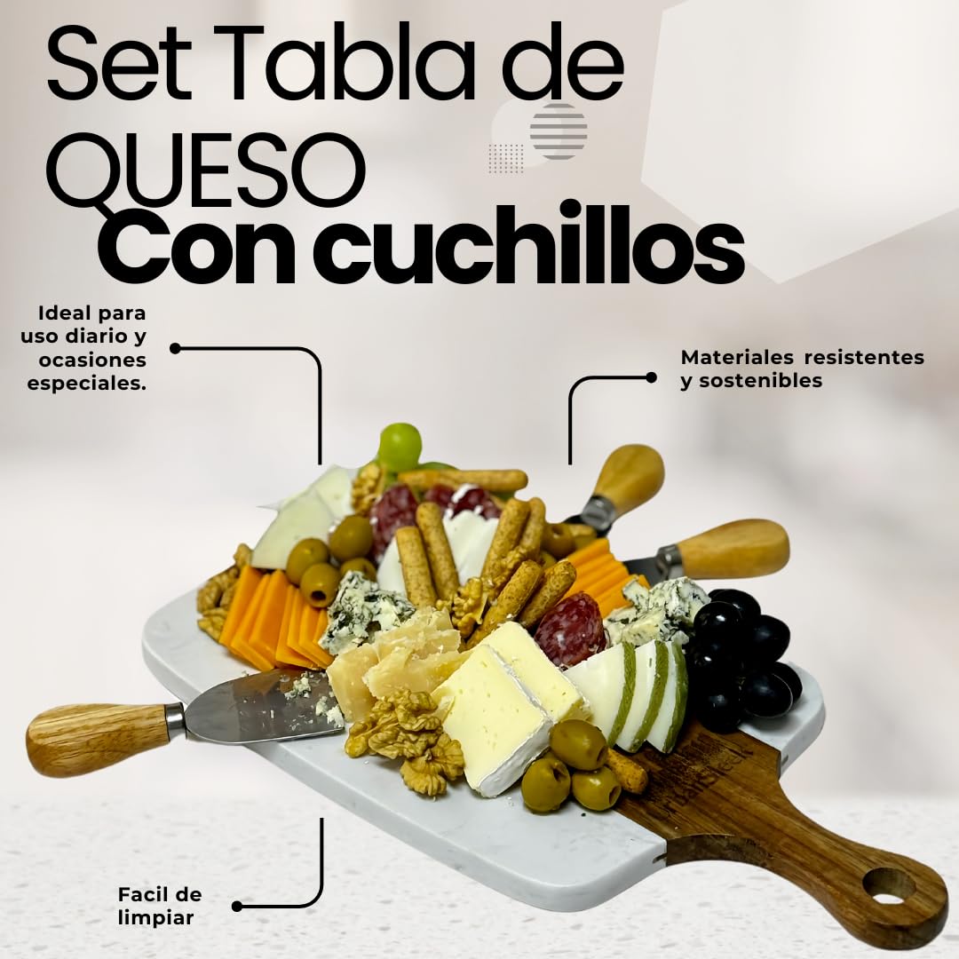 Tabla de Cortar Quesos y Charcutería con Cubiertos, Material: Madera de Acacia Antibacterial, mármol cultivado, Acero Inoxidable. Set Completo en una Caja de Regalo Elegante