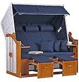 Mr. Deko Strandkorb Ostsee XXL Volllieger Strandstuhl Gartenliege Dreisitzer PE Geflecht Weiß inkl. 6 Kissen - Strandkörbe aus Hartholz für Garten, Wintergarten und Terrasse (Dessin Uni Blau)