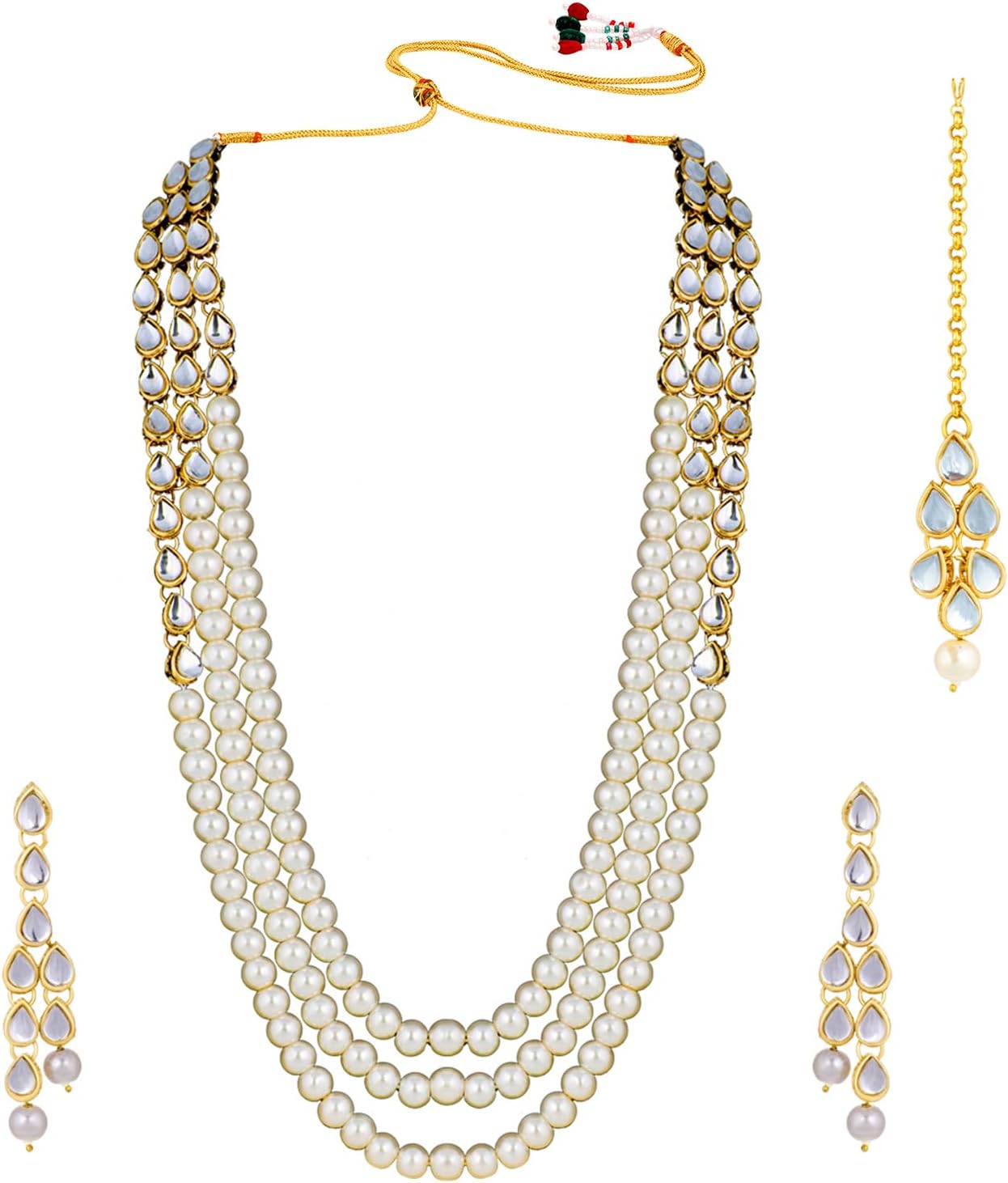 PEORA18K Gold Plated Traditional Jewellery Kundan Pearl Layered Long Necklace Earring Maang Tika Set for Women Fancy