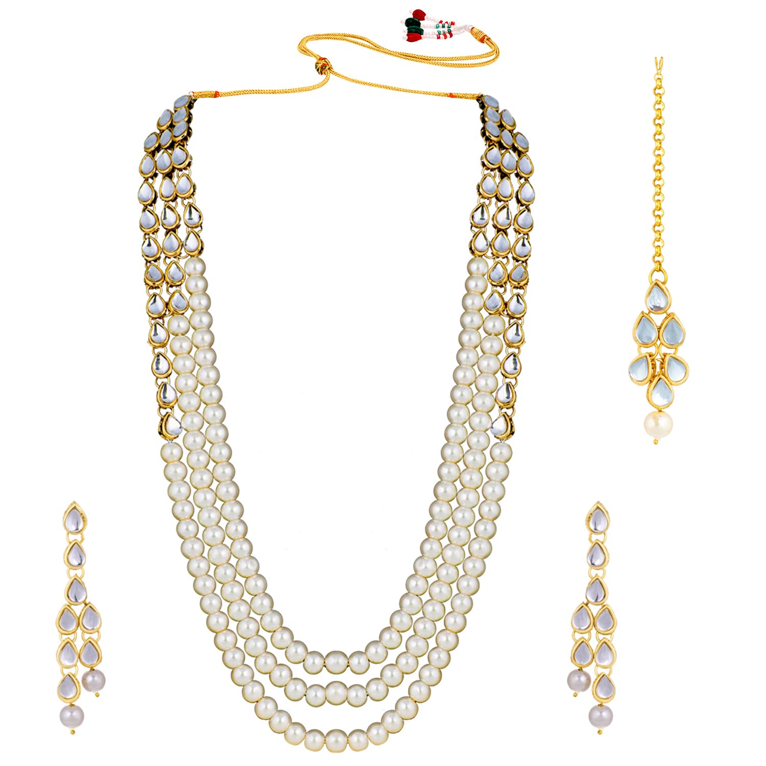 PEORA18K Gold Plated Traditional Jewellery Kundan Pearl Layered Long Necklace Earring Maang Tika Set for Women Fancy