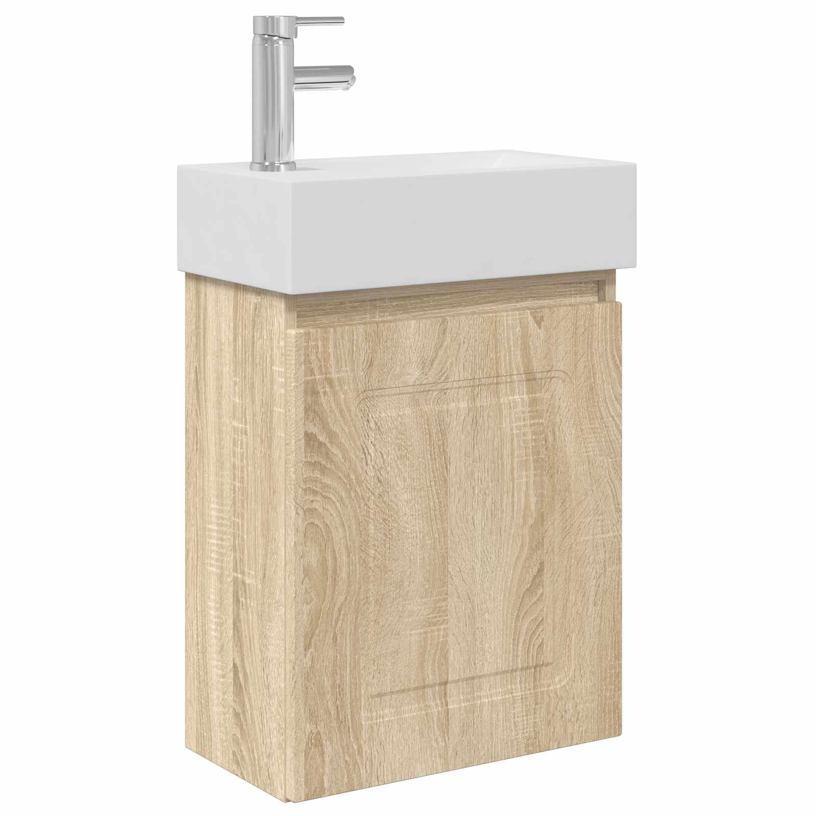 Fengshui Umywalka montowana na ścianie, 45,5 x 84 cm, z kranem | Materiał drewnopochodny z umywalką ceramiczną, odwracalna drzwi, odpływ ciśnieniowy z przelewem, srebrny kran mieszający