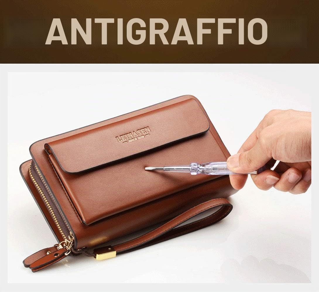 Pochette lunga da uomo in pelle da viaggio, per passaporto, lavoro, cellulare, porta carte di credito, per papà e marito