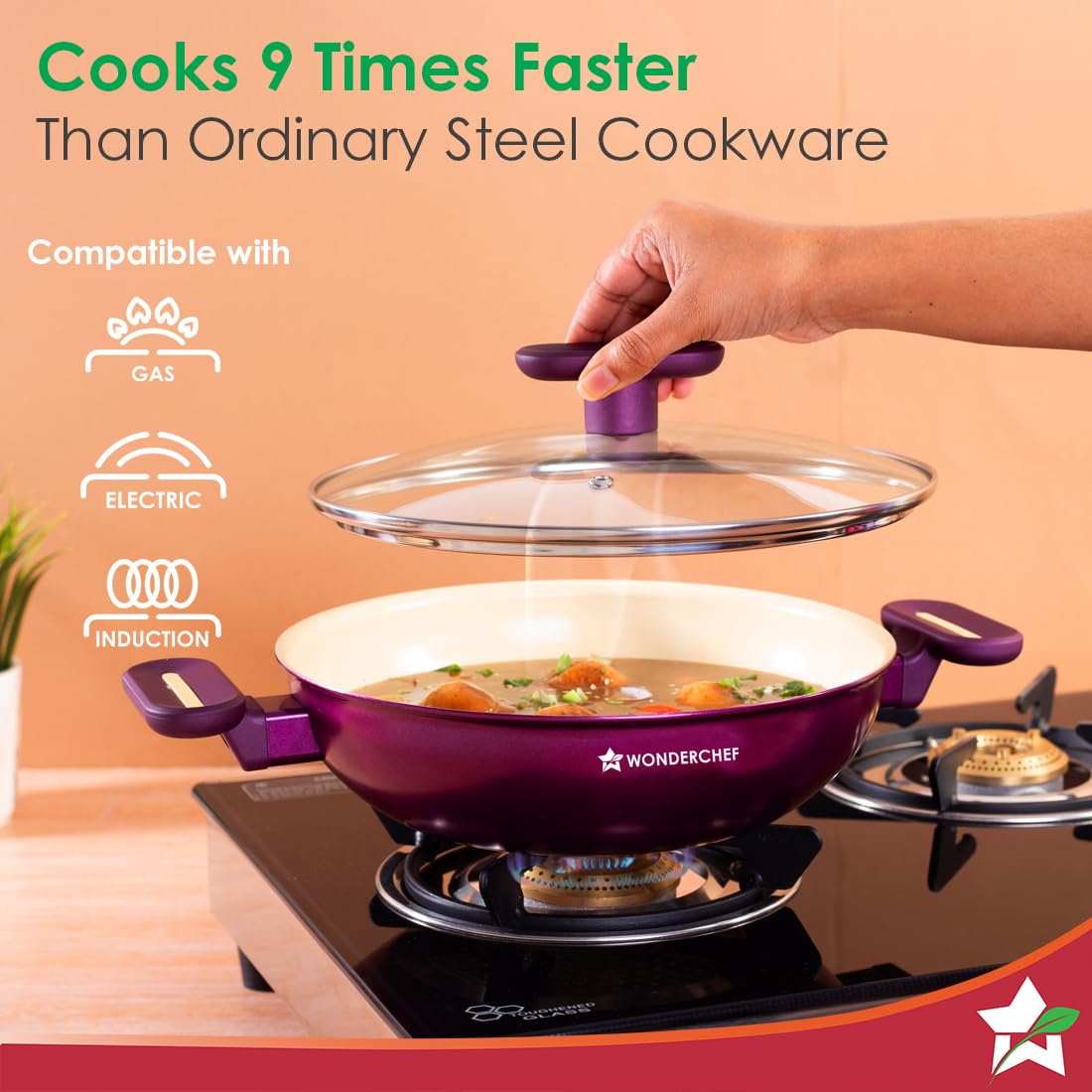 Wonderchef Bellagio Kadhai with Lid | Non-Stick Ceramic Coating | Non-Toxic | Pure Aluminium | PFAS and PFOA Free | 3mm Thickness | Two-Tone Soft-Touch Handles and Knob | Firm Grip | 2 Years Warranty 2