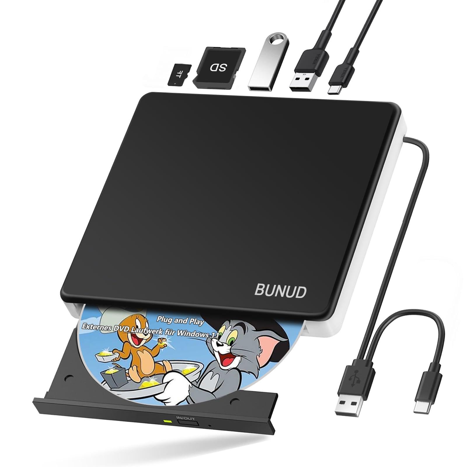 External CD DVD Drive, USB 3.0 & Type-C CD/DVD RW ROM Burner Rewriter Writer Reader with SD/TF & 2 USB, Slim Optical DVD Player for Laptop PC Windows 11/10 Computer Mac Macbook Pro Air iMac Apple — view 10