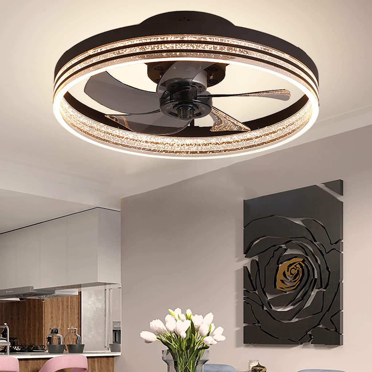 HXYSXHJUO Fan Lights, Ceilifan with Light Reversiblet Bedroom Led 6 Speeds Round Ceililight Remote Control Liviroom Silent Household Integrated Timer/Black