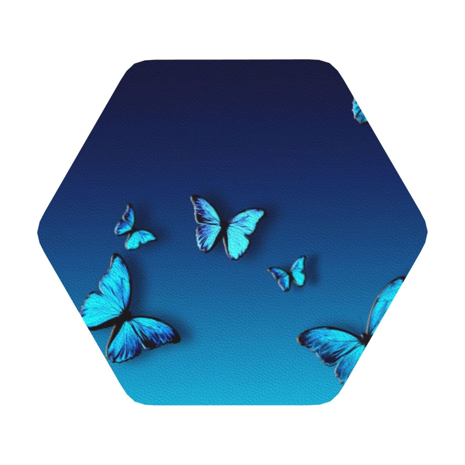Beautiful blue butterfly PU Leather Coasters Set of 6 Hexagon Drink Coasters
