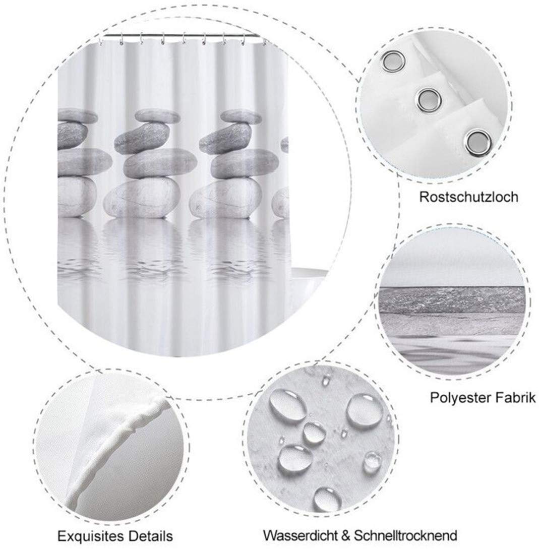 Rideau de Douche textile Polyester gris fond avec des contours de galet, imperméable 120*180cm