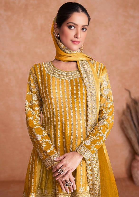 Image of Miss Ethnik Dual Tone Strip Chinon Heavy Embroidered Stitched Sharara Suit Set With Dupatta (ME-1129)