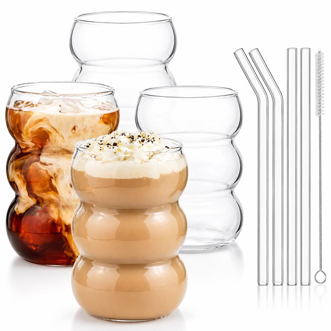 ALINK Juego de 4 vasos de burbuja, vasos acanalados de 550 ml, de cristal ondulado, para latte macchiato, vasos de café helado, vasos de cóctel