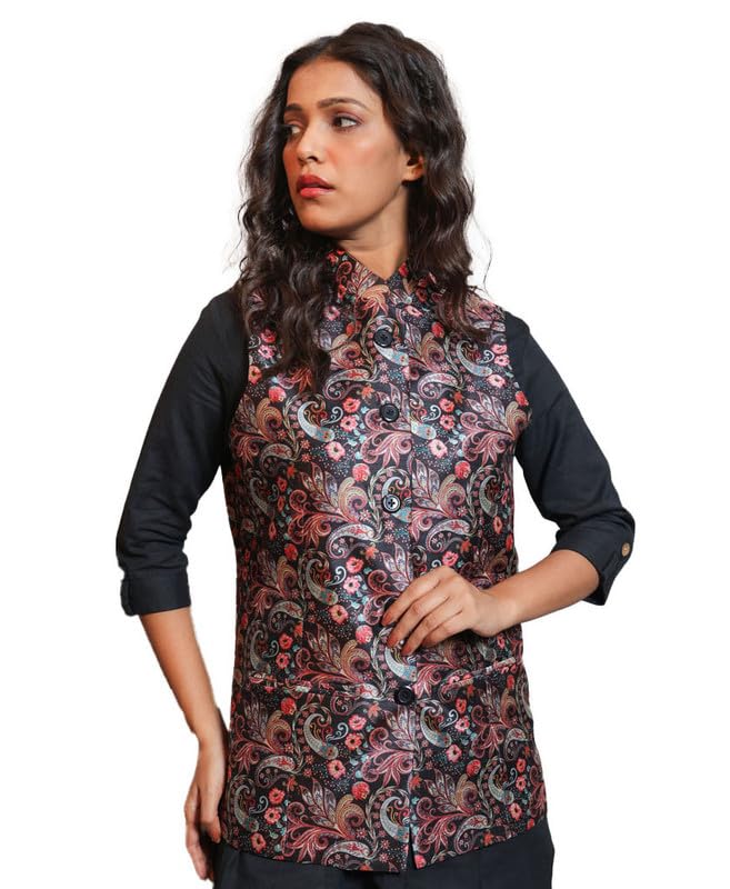 vastraa fusion WoWomen's Digital Print Nehru Jacket In Silk Ethnic Festive Modi Waistcoat Look-picture-16