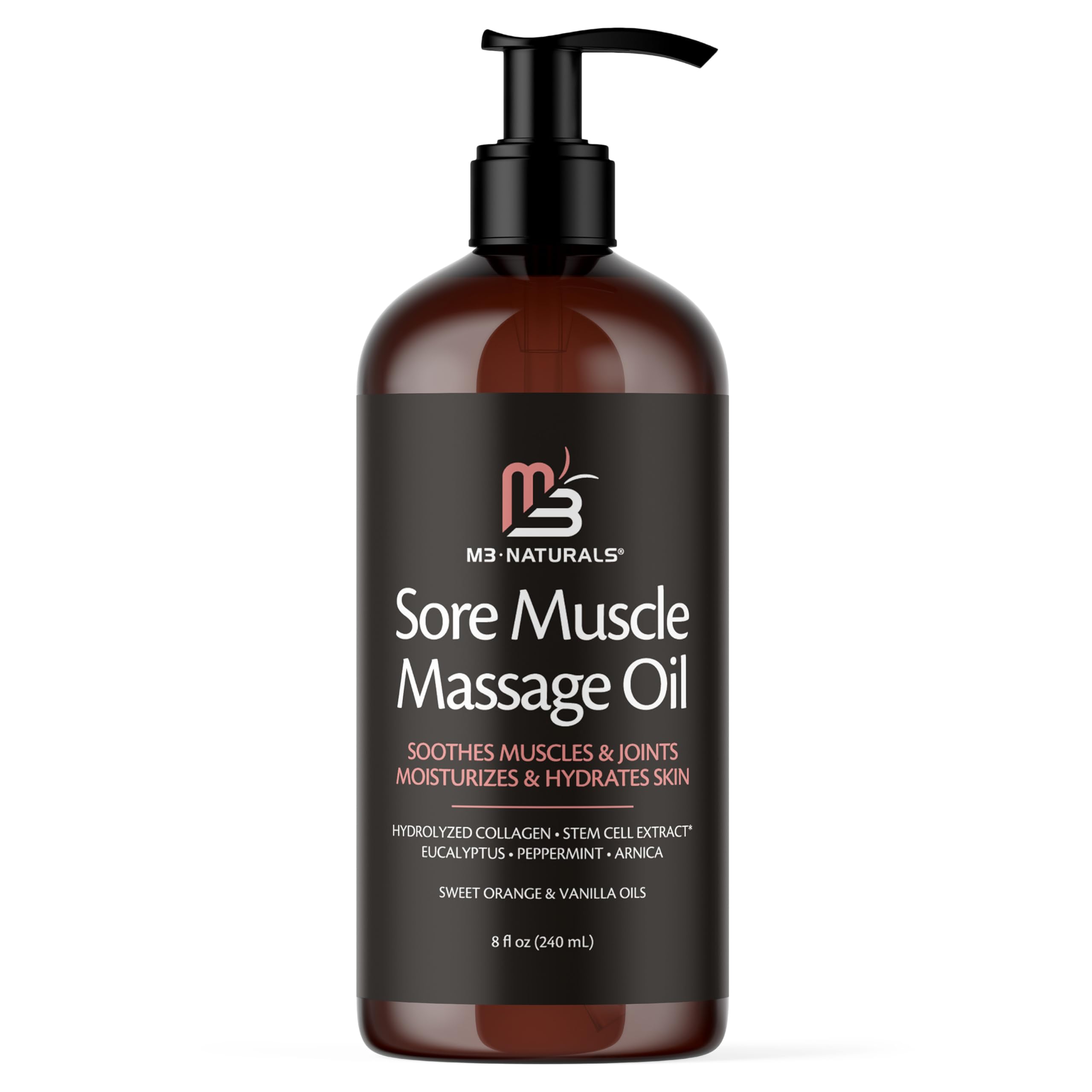 Arnica Sore Muscle Massage Oil with Collagen, Stem Cells, and Menthol, Anti-Cellulite Therapy for Full Body, Fast-Absorbing Multipurpose Treatment, 8 fl oz by M3 Naturals