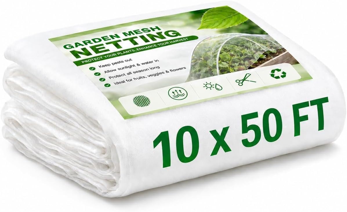 10 ft x 50 ft Garden Mesh Netting,Ultra Fine Plant netting for garden protection, garden netting for raised beds Vegetables,Bird Insect Nettings for Gardening, Blueberry Bush Strawberry Nettings Cover