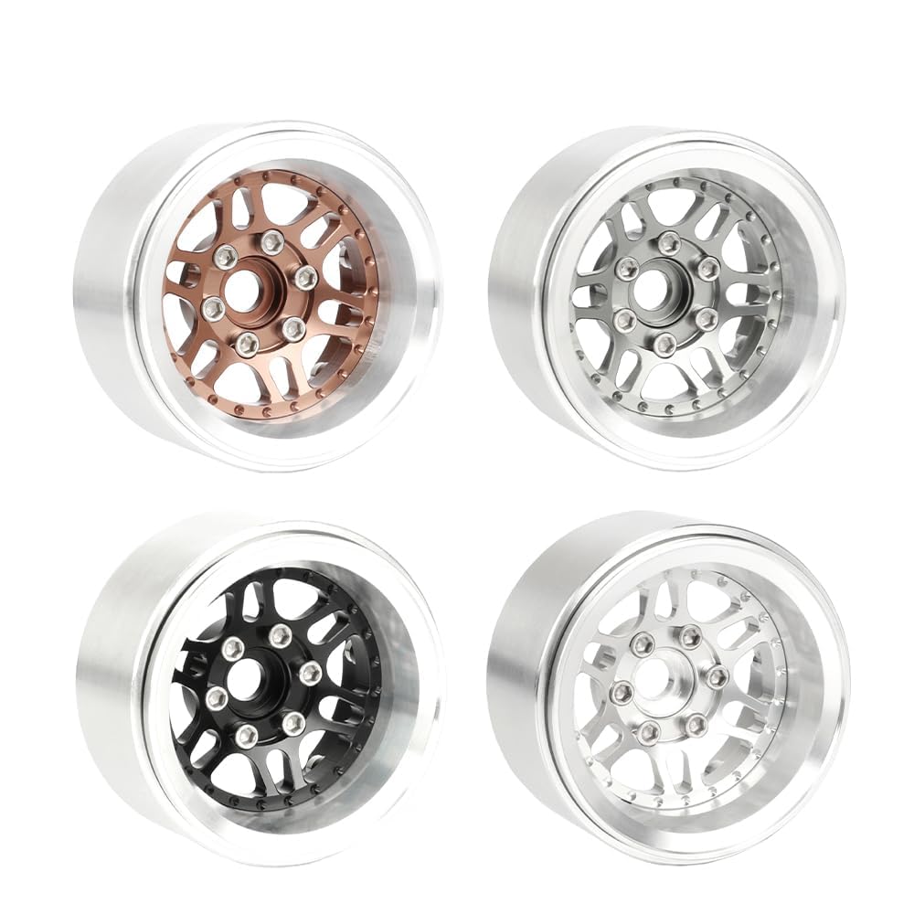 KINGCOO 4Stück 1.9 Zoll Beadlock Räder Felge Offset-10mm Aluminium Metall Radnabe Rad für 1/10 RC Rock Crawler Auto für Axial SCX10 TRX4 Gen8 TRX6 D90 Upgrade Ersatzteile(Silber)