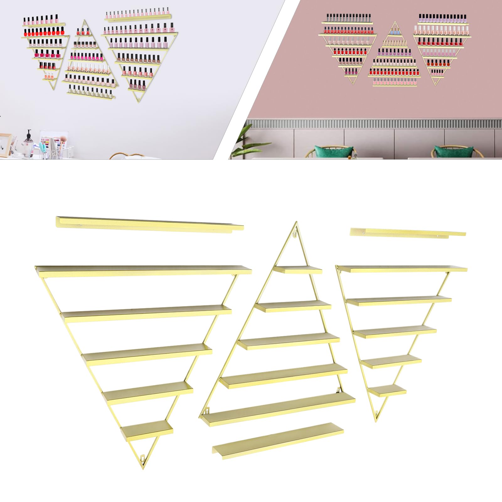 Wandregal für Nagellack, Metall, Gold, dreieckig, 5 Ebenen, Ausstellungsständer, Kosmetik, Tikes, Wanddekoration, unverzichtbar für Home Spa Nail Salon