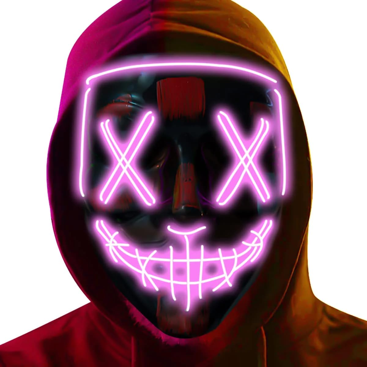 Pink LED Light Up Stitched Purge Mask, 3 Light Modes Colourful Rave Full Face Mask Cosplay Glow for Halloween/Christmas/Bonfire Night/Festival Costume Party Accessories
