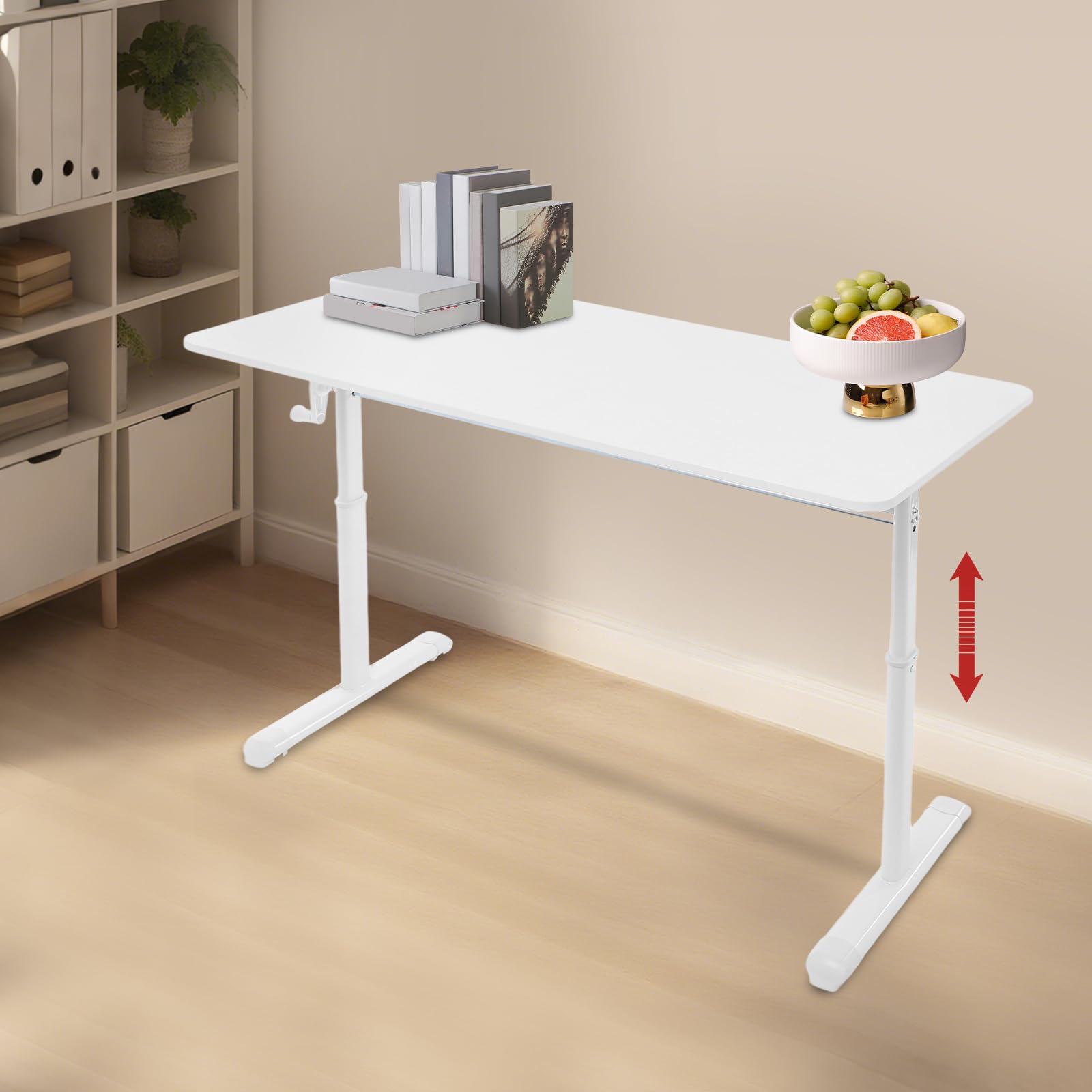 Scrivania manuale regolabile in altezza con manovella, 120 x 60 cm, scrivania robusta regolabile in altezza fino a 100 kg, per ufficio, gioco, bambini (bianco)