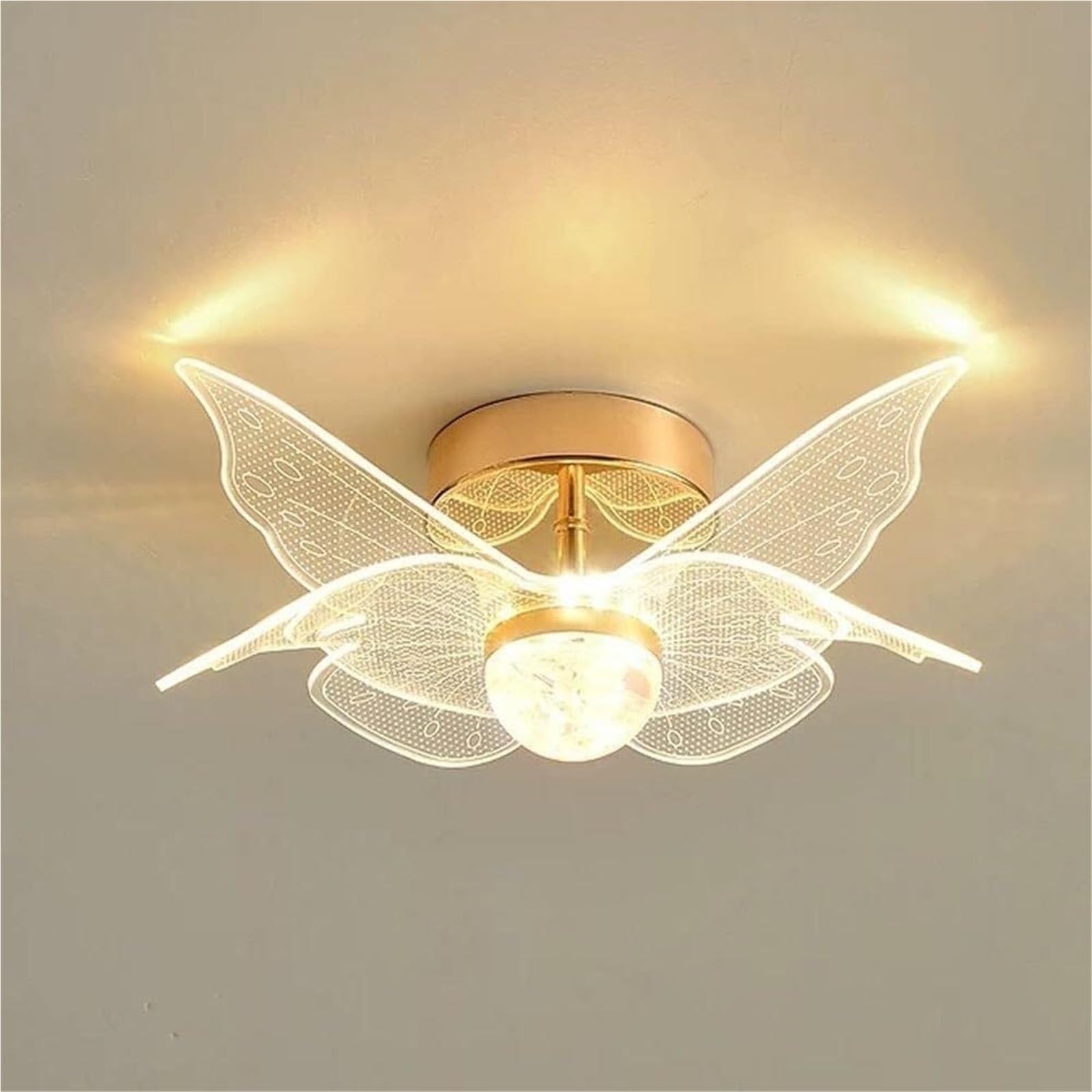 JingNian Lampa sufitowa w złotym motylu w stylu francuskim Akrylowy klosz, 3 kolory do ściemniania, półwpuszczana do sypialni, pokoju dziecięcego, przedpokoju