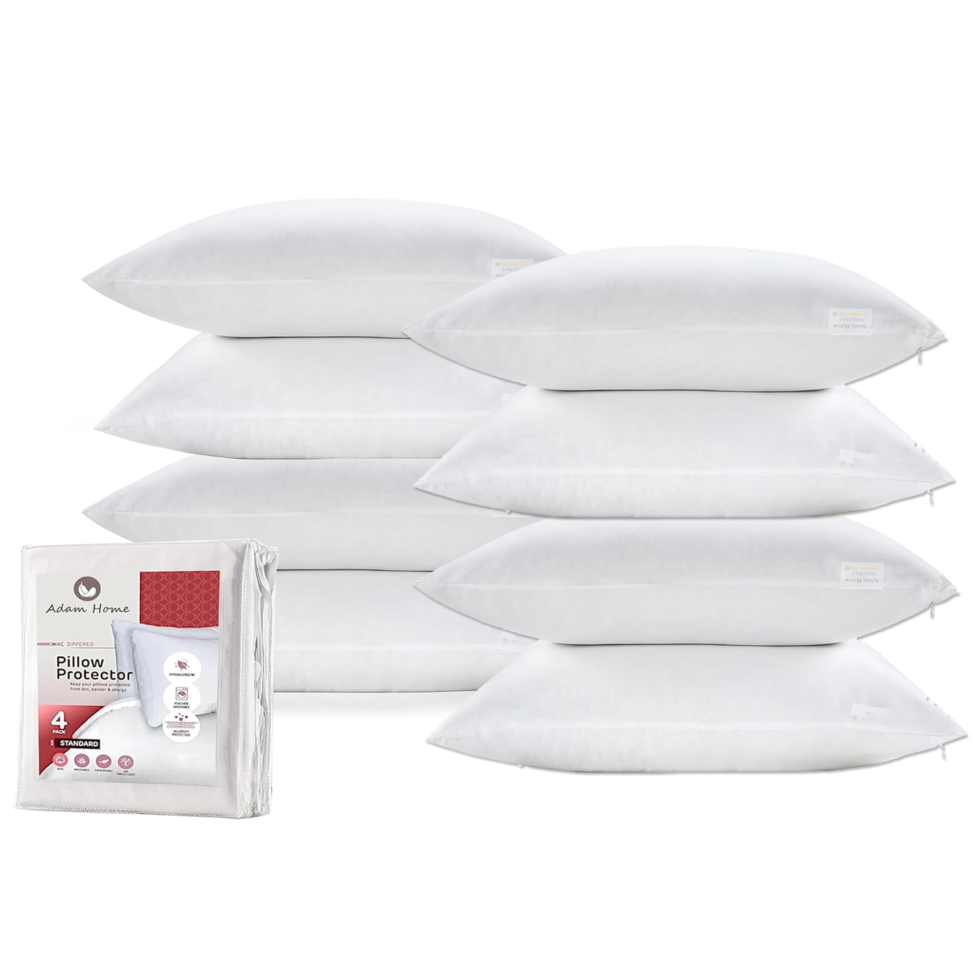 Adam Home 100% Brushed Microfiber Pillow Protectors 8 Pack with Zipped Cover Case White Standard Size Anti Allergy,Anti Bacterial Soft Pillow Cases