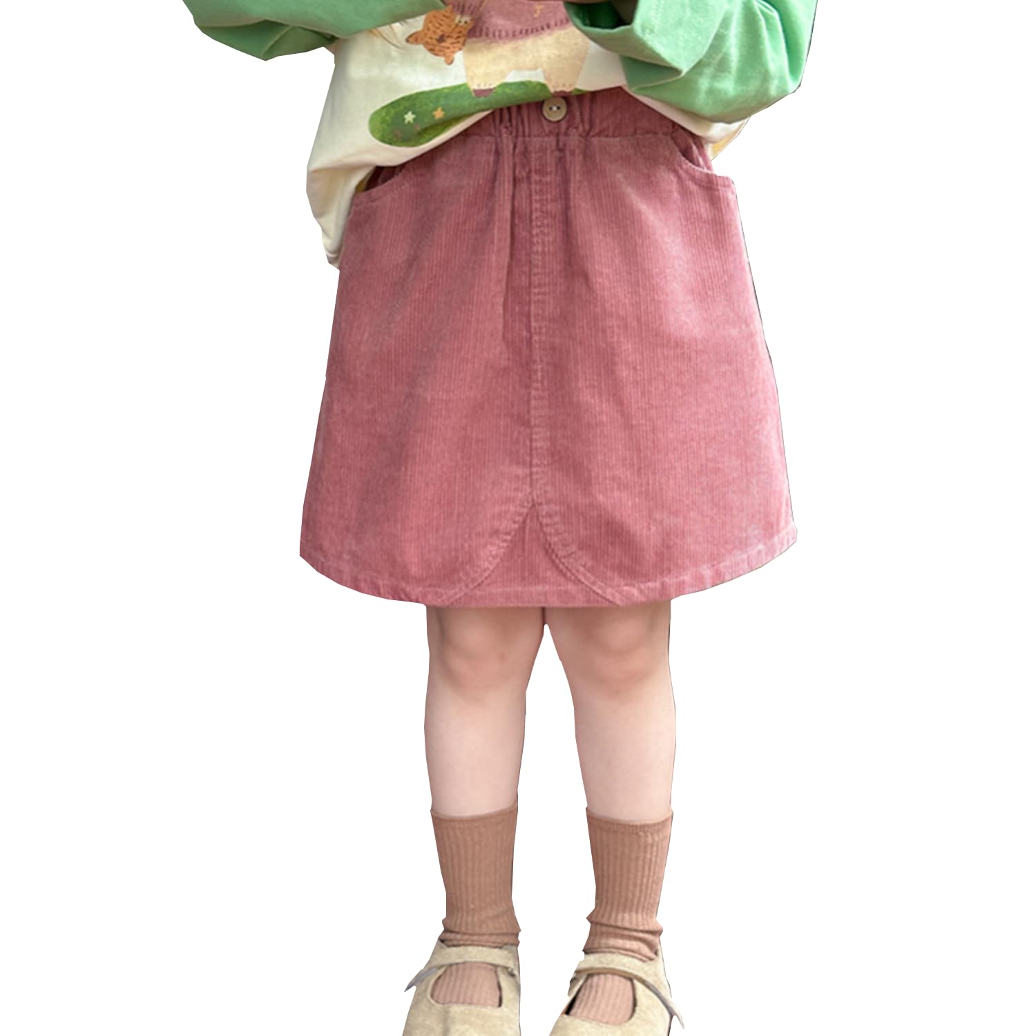 Kinder Baby Mädchen Cordrock feste Farbe hohe Taille Minirock kleines Mädchen Knopf A-line Rock mit Tasche