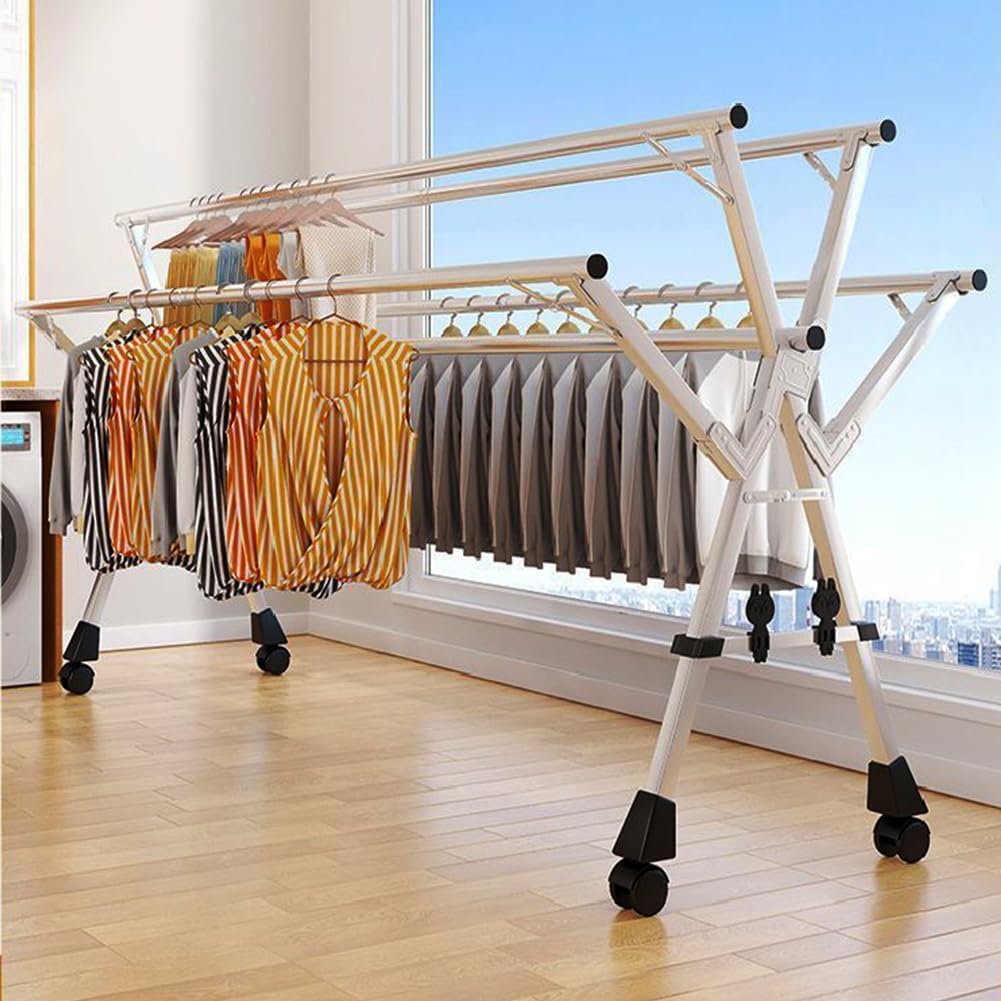 Foldable Retractable Laundry Hanger Dryer Rack - Adjustable 63/79/95 Inches Stainless Steel Clothing Racks on Wheels for Indoor/Outdoor Drying - Sturdy & Space-Saving Clothes Drying Solution