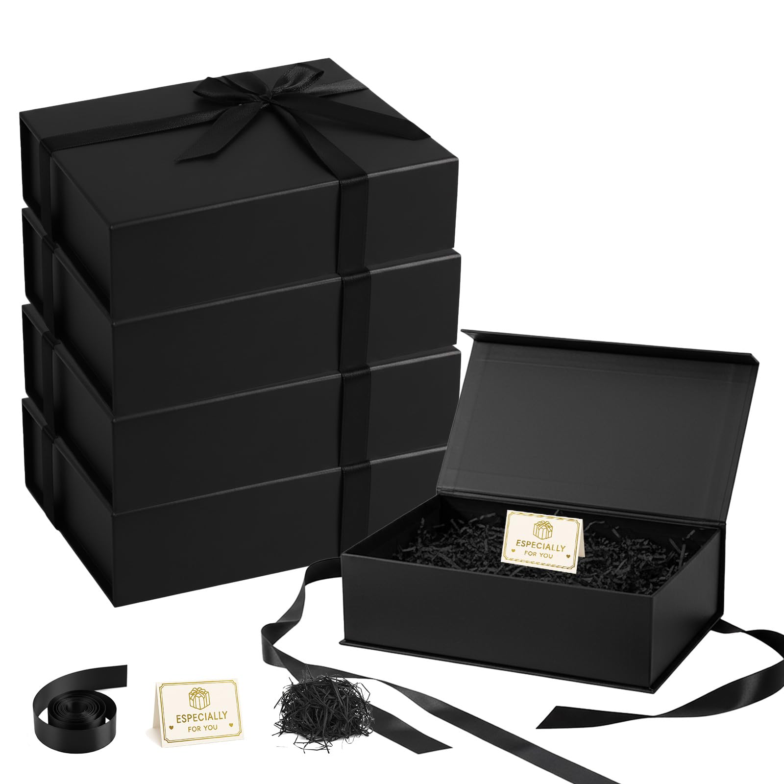 Dimore Confezione da 4 scatole regalo nere, 26 x 19 x 8,1 cm, scatola regalo magnetica con coperchio, scatola rettangolare pieghevole in truciolato per proposte di damigella d'onore, matrimoni