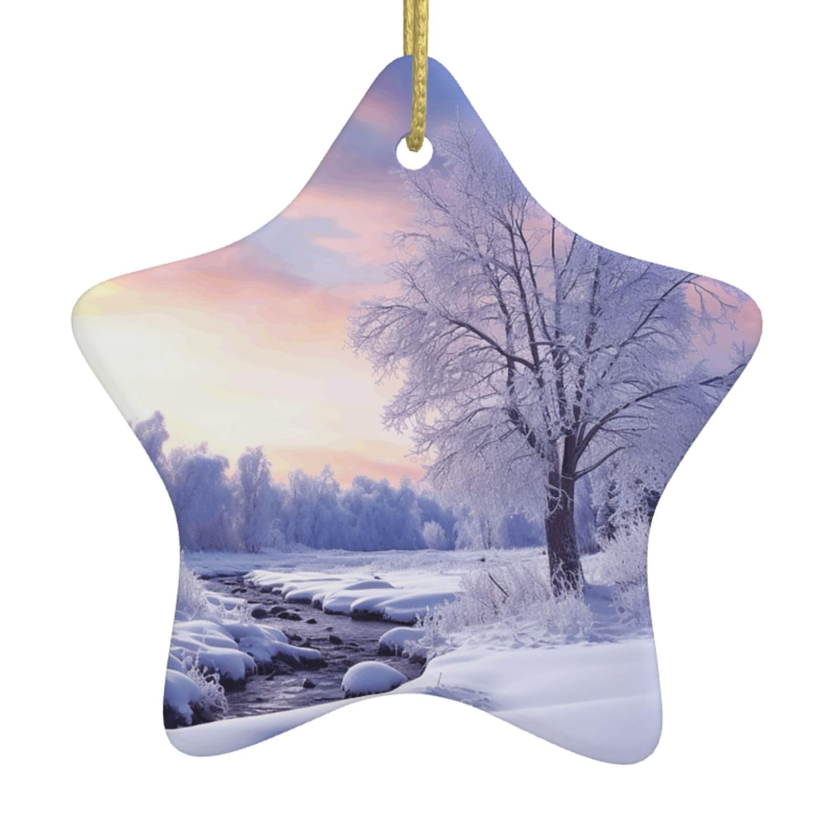 Ceramic Christmas Tree Hanging Ornaments with Gold Ropes Christmas Tree Decorations Star Ceramic Winter Landscape Pendant Keepsake Decorations for Holiday Xmas Gift Ideas