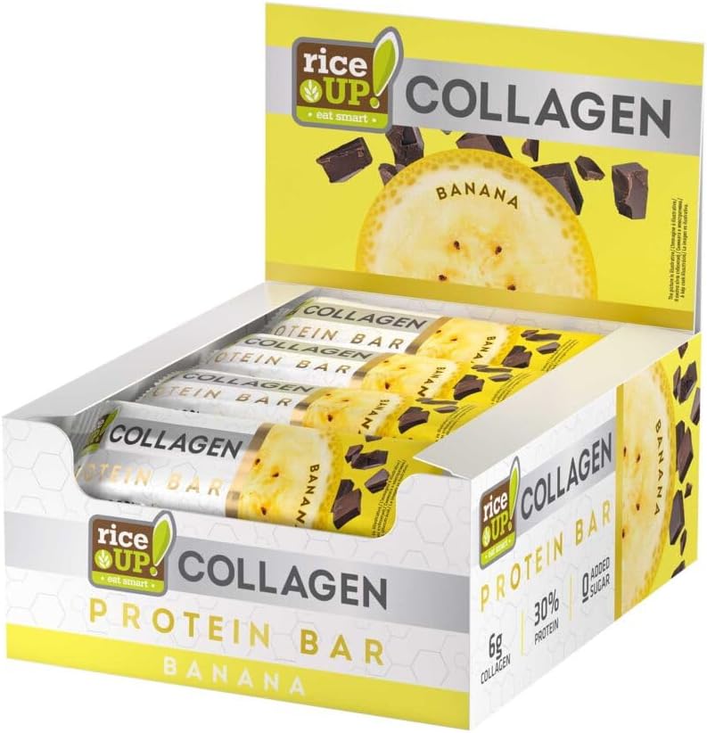 RiceUp! Collagen Protein Bar Chocolate & Banana 12 x 50g | 6g Collagen | 30% Protein | Gluten Free | Zero Added Sugar | Palm Oil Free | Preservatives Free | Source of fibre