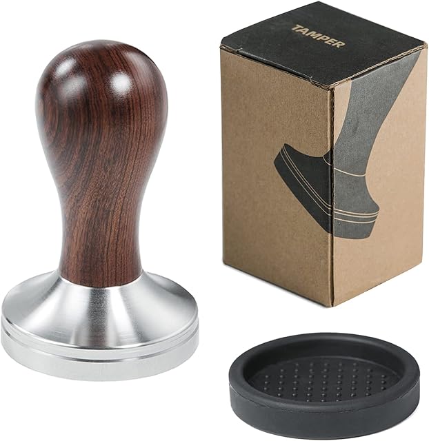 Coffee Tamper Espresso Press with Tamper Mat 304 Stainless Steel Flat Base Wooden Handle for Coffee Grounds Barista Espresso Machines Accessory (58MM)