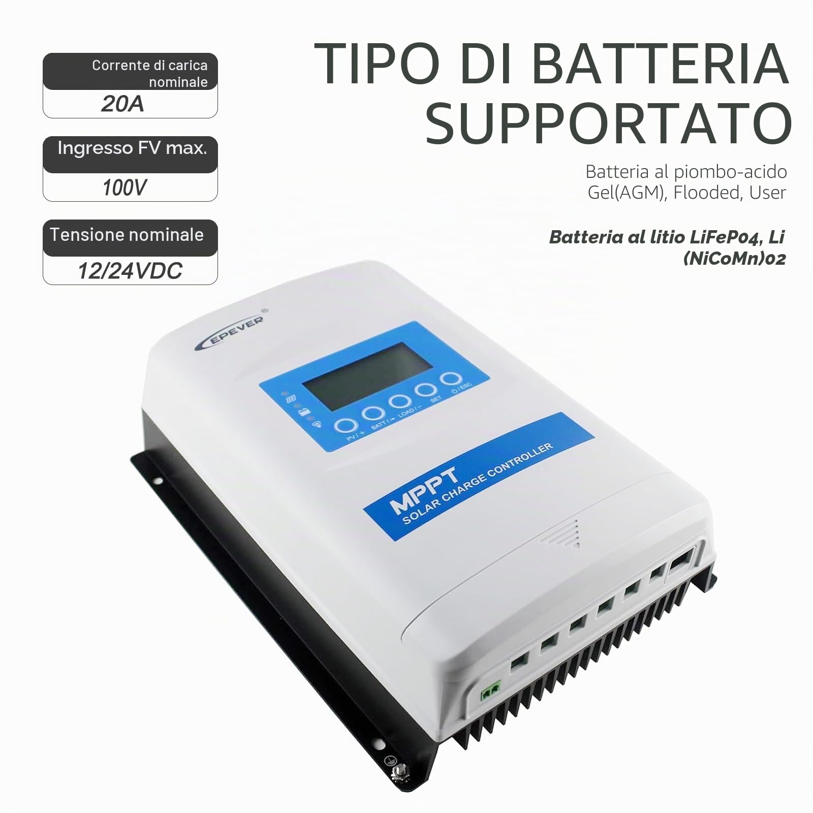 EPEVER® MPPT XTRA-N G3 – XTRA 2210N Regolatore di Carica Solare, 20A, 12/24VDC auto work, PV 100V, XDS2 Display