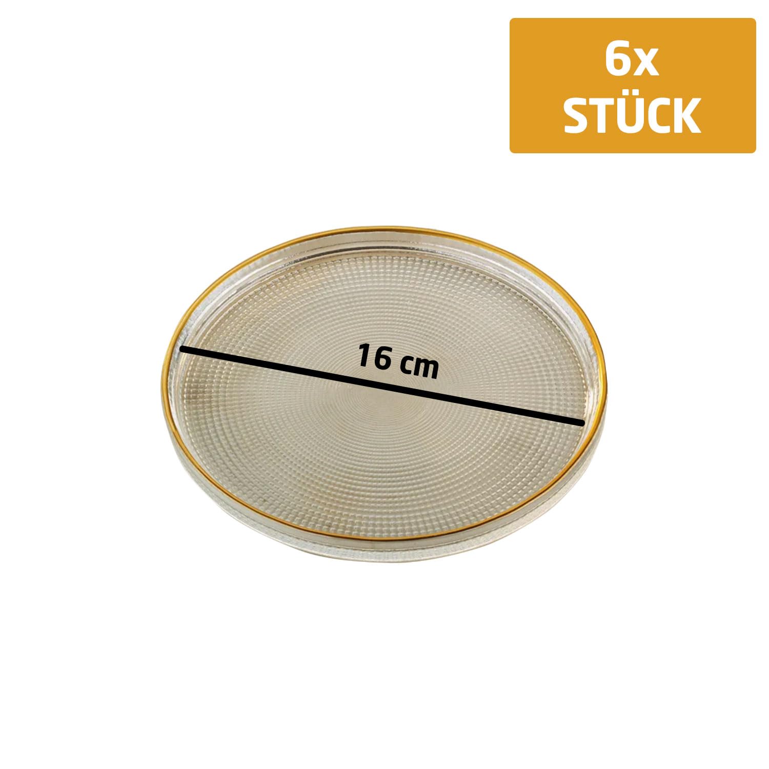 Dessertteller Glas 6er Set 16 cm mit Goldrand - Kuchenteller mit Strukturmuster, Stapelbar, Elegante Glasteller für Dessert, Kuchen, Vorspeisen, Obst - Handwäsche Empfohlen