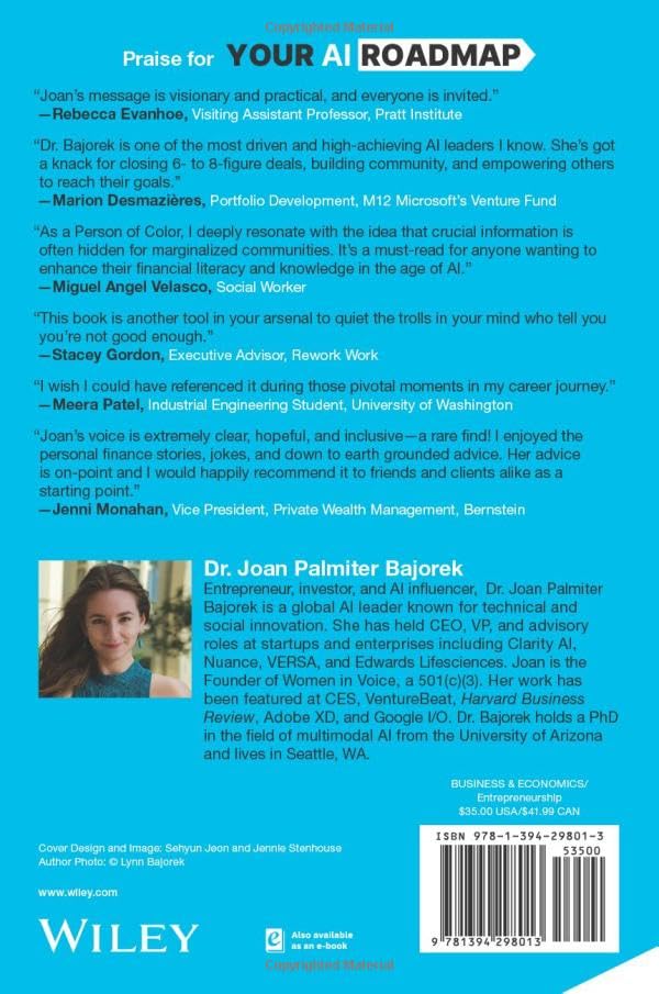 Back cover of Your AI Roadmap book, showing author photo, praise, and ISBN barcode.