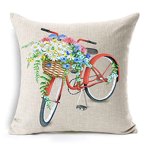 Kithomer Red Bicycle Throw Pillow Cover Vintage Watercolor Retro Flower Home Decorative Cushion Case 18 X 18 Inch (Watercolor Bicycle) #TOP13