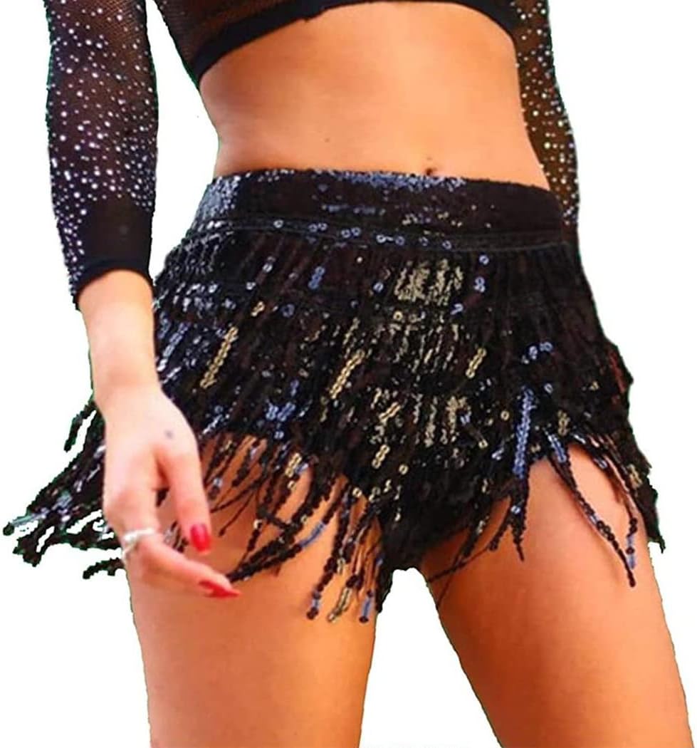 Jokimu Sexy Sequin Belly Dance Hip Skirt Tassel Scarf Wrap Rave Costume Belts Skirt for Women