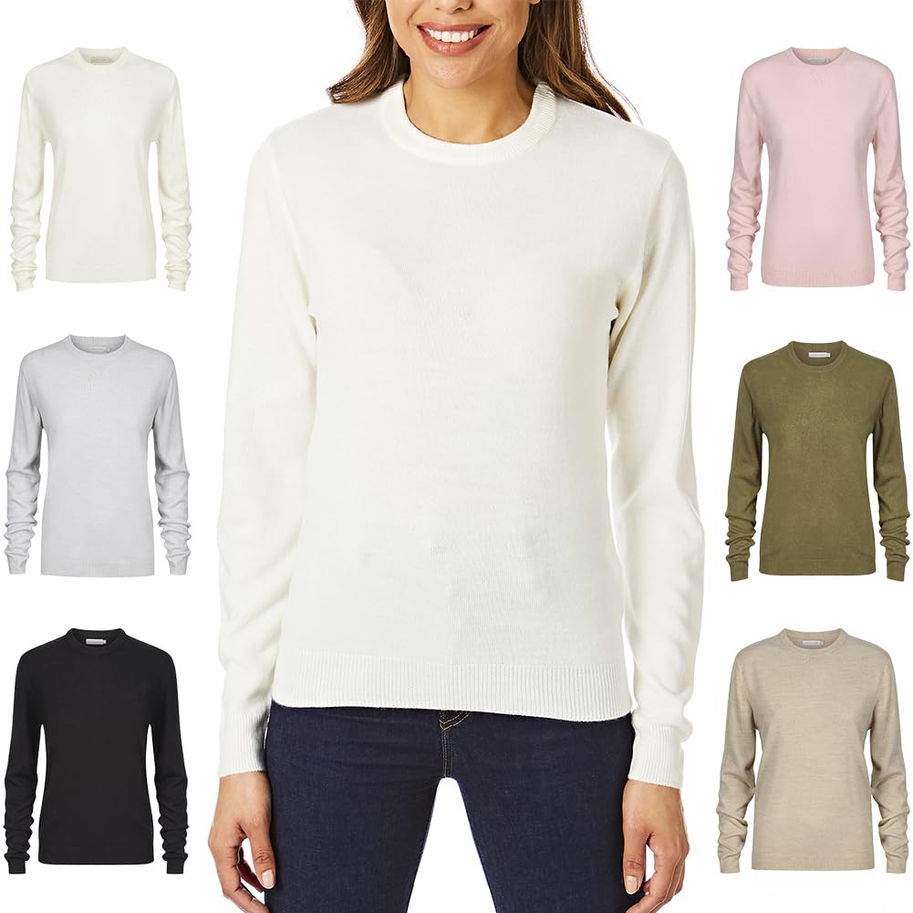 Light & Shade Womens Crew Neck Top Supersoft Knitted Jumper, Ivory, M