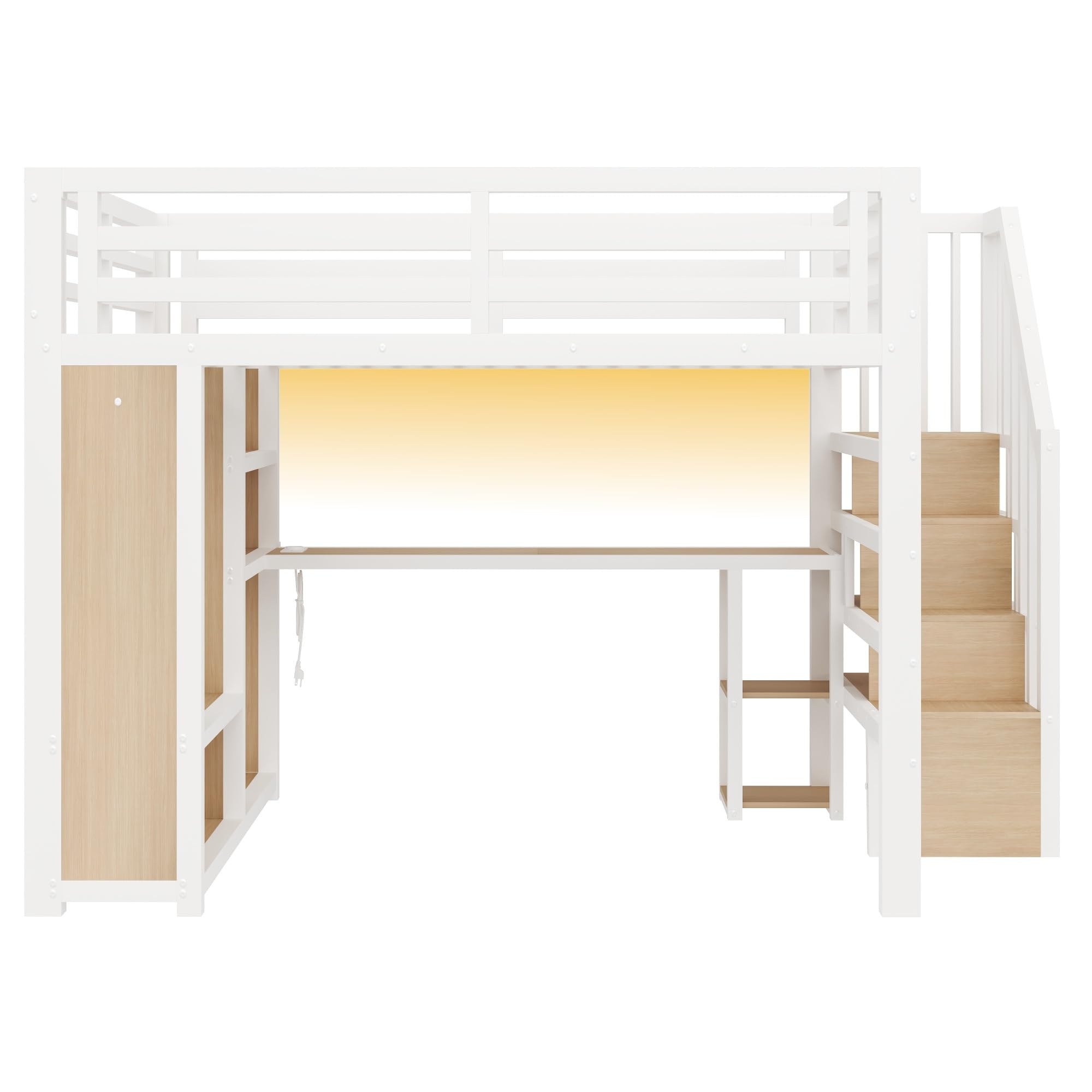 Sapgaks Lit Mezzanine Enfant Gaming 160 x 200 cm avec Bureau,lit superposé Enfant avec Rangement,lit Mezzanine escalier,lit Enfant avec Rangement,éclairage LED,Port USB,Armoire Ouverte,métal,Blanc