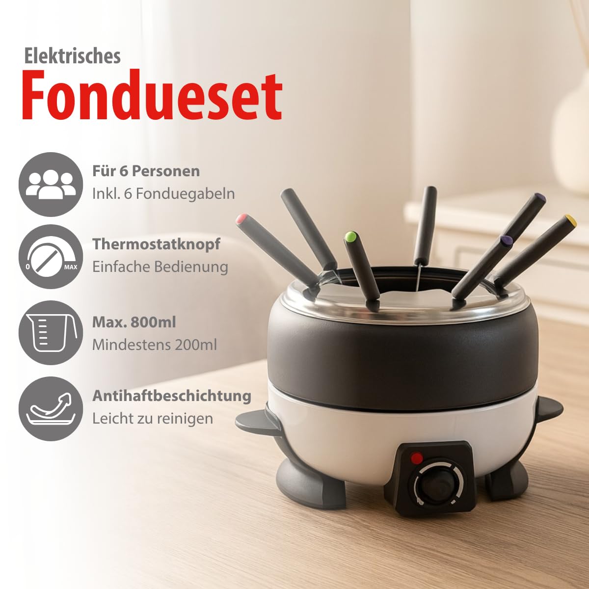 Deluxe Elektrisches Fondue Set 800W – Elektrische Pfanne 2L für 6 Personen - Geeignet für Käsefondue und Schokofondue – Inkl. Fonduegabeln – Einstellbare Temperatur – Edelstahl