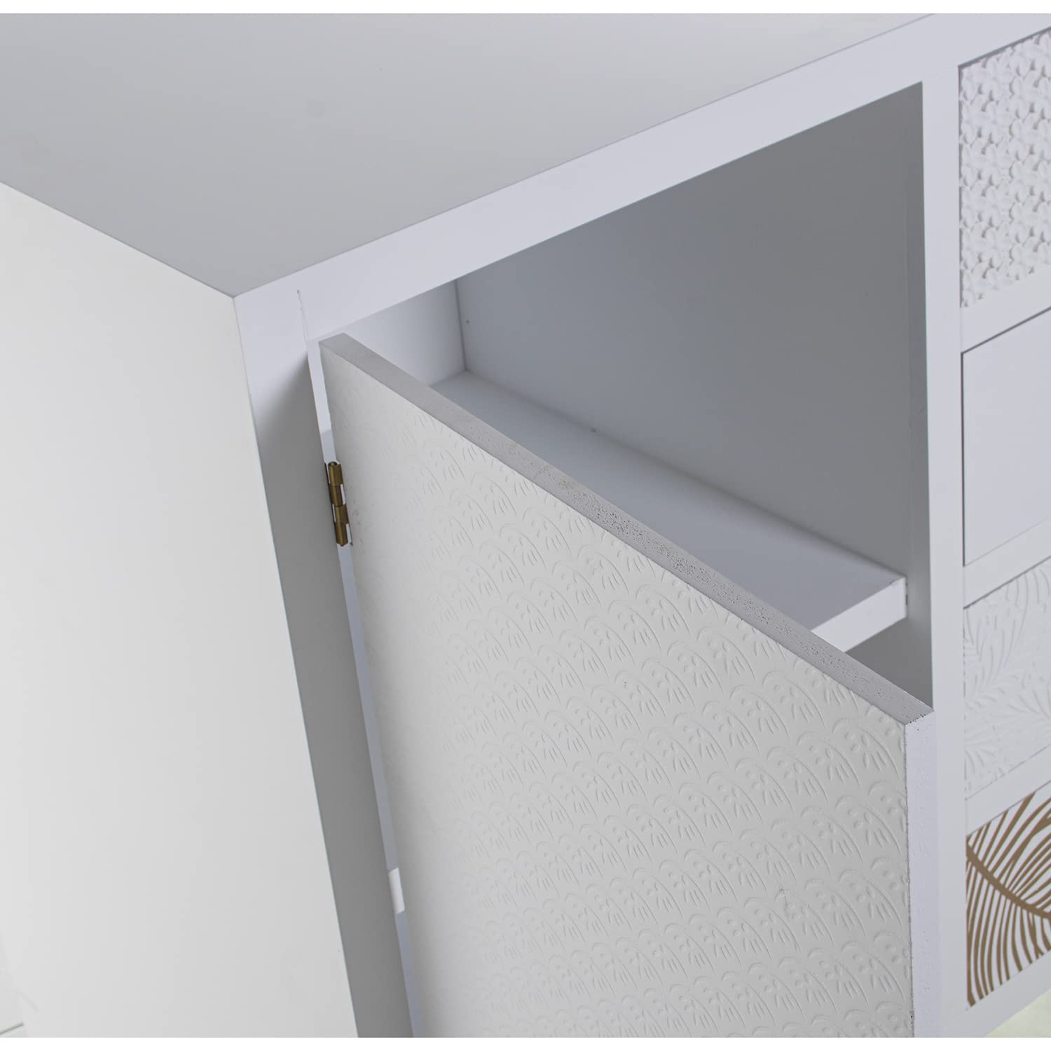 Aparador con 1 Puerta y 4 cajones de Madera con Relieve Hoja en Blanco y Dorado 80x40x80cm