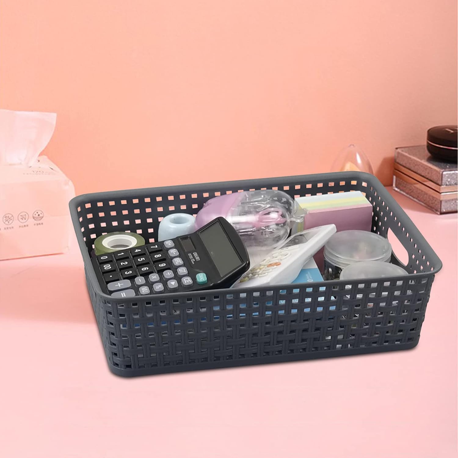4 Packs Plastic Storage Basket Tray, Shallow Paper Basket, Gray - Image 7