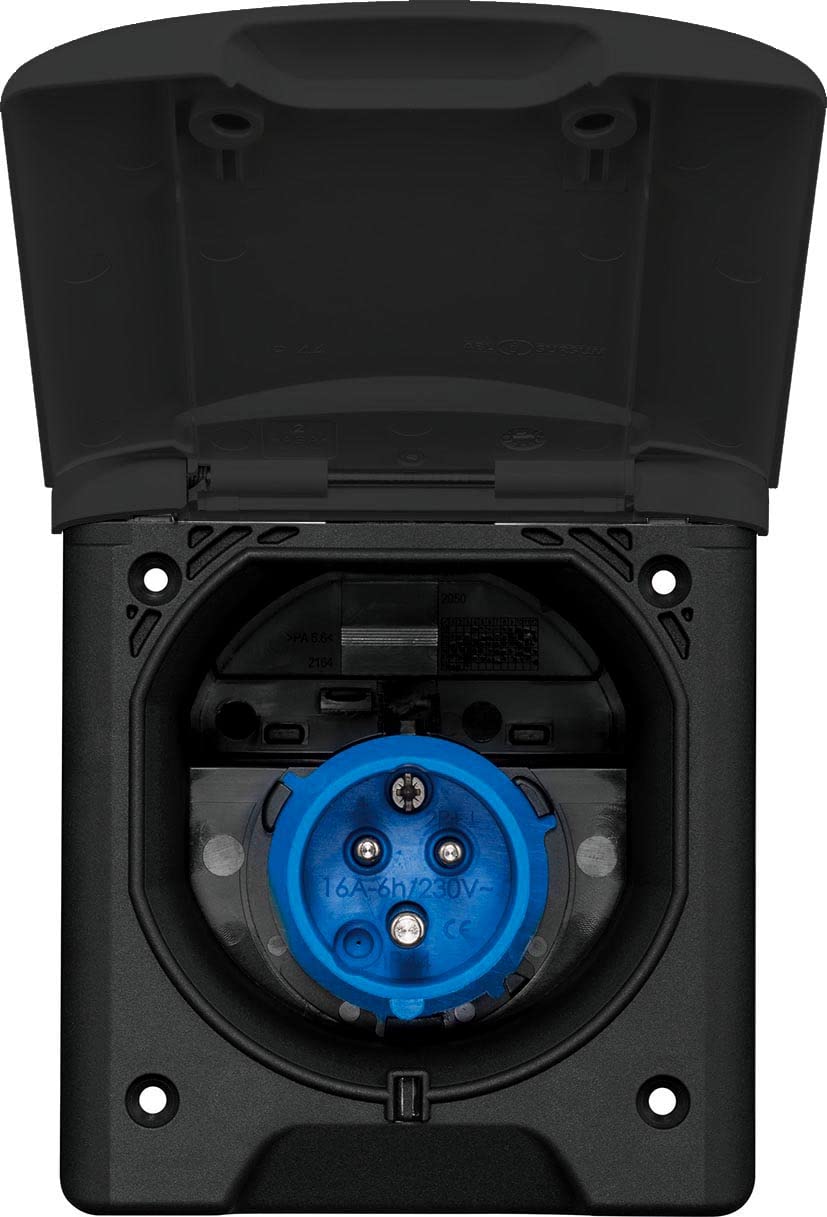as - Schwabe Enchufe de alimentación CEE para caravana, 230 V, 16 A, 3 pines, tapa abatible con cierre magnético, resistente a los rayos UV, IP44, fabricado en Alemania, color negro, 62471