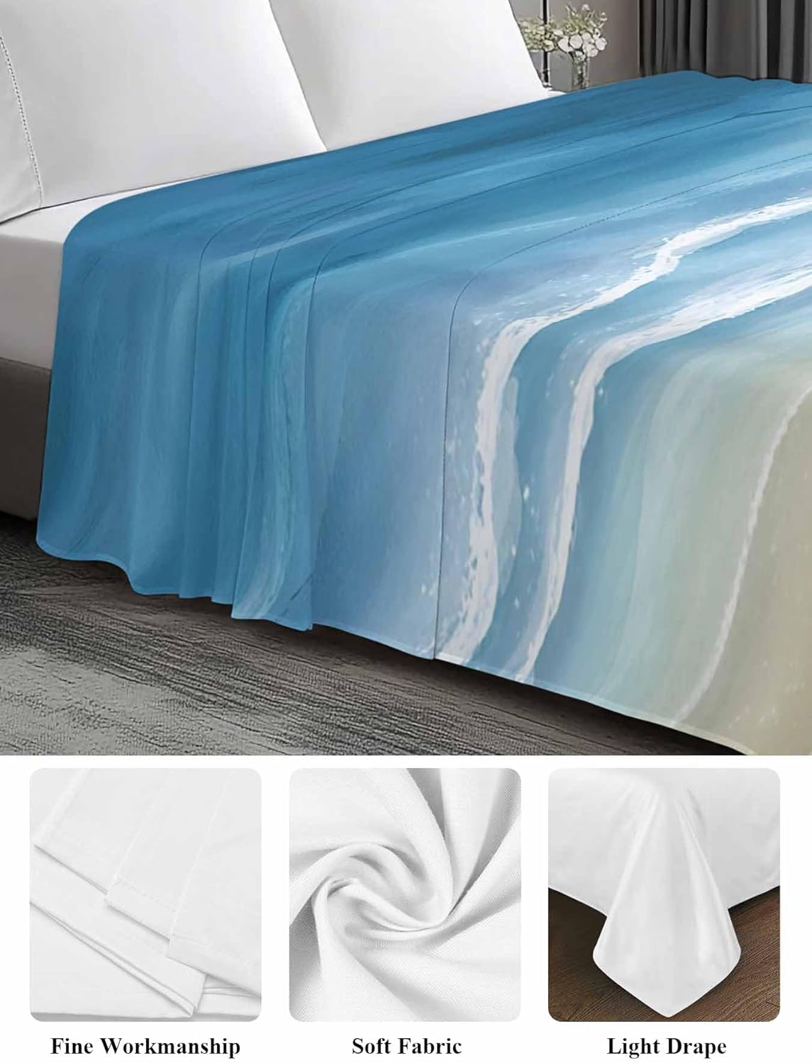 Top Sheet Full Bedding Flat Sheet Only, Sandy Beach Oceans Waves Microfiber Bed Sheets Soft Breathable Bedding Flat Sheets, Blue Brown Gradient Hotel Luxury Top Sheets