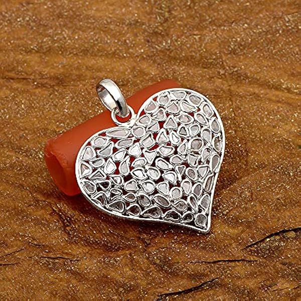 Shine Jewel 2,50 CTW Ciondolo a forma di cuore di Polki con diamanti naturali in argento sterling 925 placcato in platino con diamanti a fette