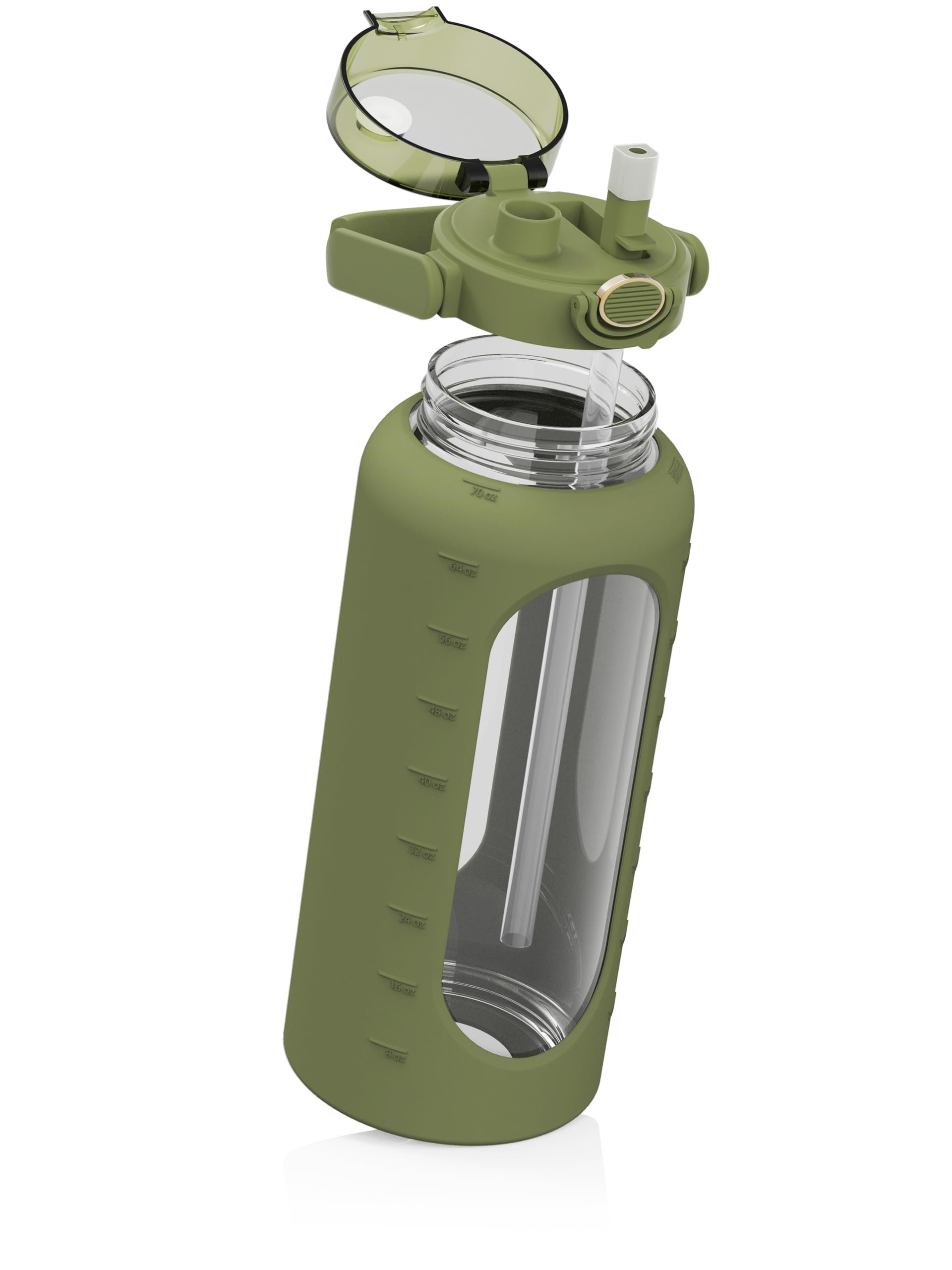 spottle Botella de Agua de Cristal 2 L con Pajita – Botella de Vidrio de Borosilicato con Funda de Silicona, Hermética, Sin BPA, Apta para Lavavajillas