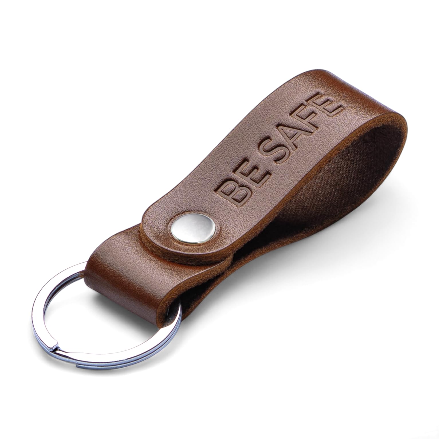 MAGOR Handmade Full Grain Leather Keyring Personalised Keychain for Men Women Car Keys Gift for Him Her Dad Husband Premium Hot Embossed Brown Leather Loop in Gift Box (BE SAFE)