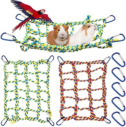 2 Pieces Bird Rope Net Hamster Rat Rope Net Small Animal Rope Net Bird Climbing Ladder Rope Bridge Pet Rat Ferret Activity Toy for Small Animal Habitat Decor and Play (Red, Yellow, 11 x 7.8 Inch)