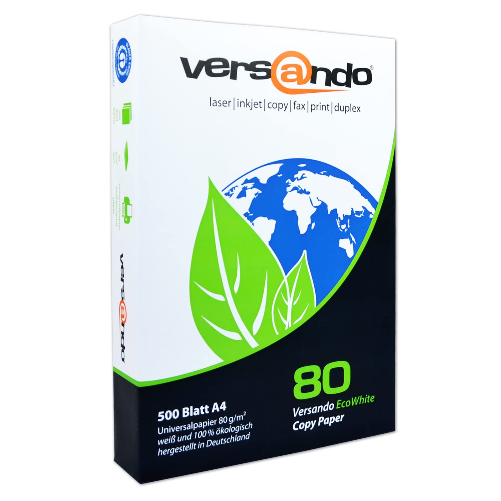 versando 1.500 Blatt Recyclingpapier DIN A4 EcoWhite 80g Kopierpapier Druckerpapier Öko hohe Weiße ISO 90 - Blauer Engel zertifiziert - Umweltpapier