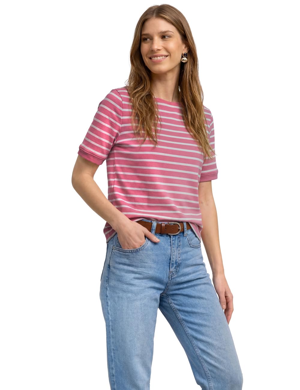 Street One T-Shirt with Boat Neck and Stripes Blush Berry 42